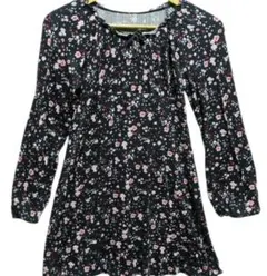 美品 チュニック【S】黒 花柄 長袖 かわいい