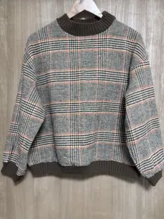 チェック柄ニットセーター 長袖 ハイネック