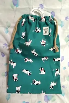 フックにかけれる巾着袋☆お道具袋☆小型扇風機袋☆犬柄☆グリーン
