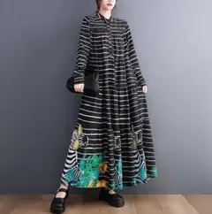 大きいサイズ レディース 秋冬　春 新品 長袖 ワンピース　ロング　ボーダーju