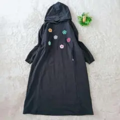 PERSONS ワンピース ブラック パーカー　 長袖 花柄 ロング S　可愛い
