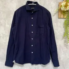 【ナノユニバース】カッタウェイ 長袖シャツ 綿100% 紺 S ストライプ切替