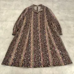 昭和レトロ花柄長袖ロングワンピースストライプ古風オープンカラーくすみピンク古着