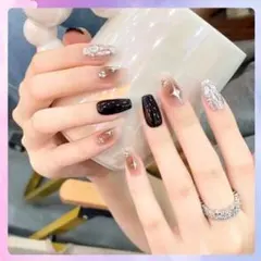 ネイルチップ シンプル可愛い ブラック×シルバー ラメグラデーション 春ネイル