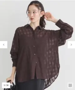 earth music&ecology チェック柄シアーシャツ ブラウン