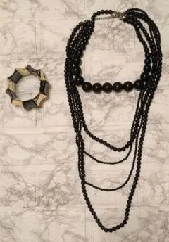 レディース ブラックパールネックレス 5連 ゴールドブレスレット オシャレ 派手