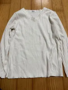 リブ編みホワイト長袖Tシャツ Lサイズ