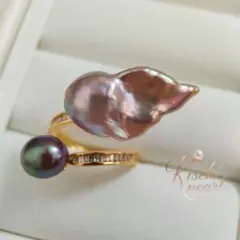 本真珠　淡水バロックパール　メタリックピンク　虹パープルダブルリングフリーサイズ
