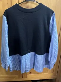 レイヤードデザイン 長袖シャツ 黒と青のストライプ