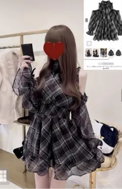 チェック柄ショルダーオープンリボンミニワンピース GRL ブラック 長袖 春