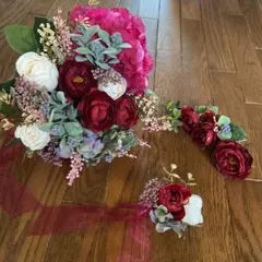 ブーケ　ブートニア　髪飾り　セット　赤系　造花