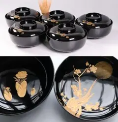会津塗☆鈴武☆漆器 6個セット 黒と金 スプーン付き☆セット毎に植物の