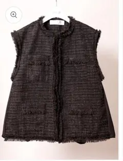 ☆美品☆ブラックツイード ジレベストフリンジ仕上げノーカラー