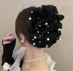 【新品】バンスクリップ ヘアクリップ パール シフォン フラワー 韓国 黒