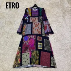 美品✨エトロ　ロングワンピース　パネルプリント　フラワー　ペイズリー　ネイビー 美品✨エトロ ロングワンピース パネルプリント フラワー