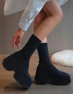 ブーツ 厚底 黒 ソックスブーツ SHEIN 23078584