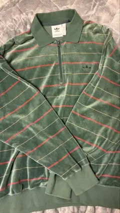 adidas グリーン ストライプ ハーフジップ ポロシャツ L
