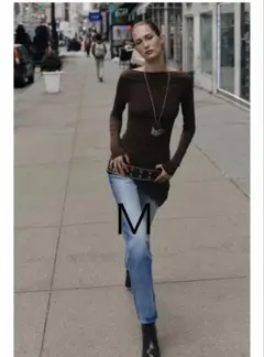 新品タグ付き　ZARA アシンメトリーレース長袖Tシャツ M ブラウン