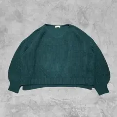 earth ニット セーター Vネック 畦編み 緑 ゆったり カジュアル レトロ