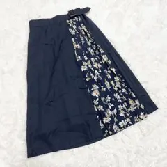 花柄 プリーツ スカート ベルトデザイン ネイビー ロングスカート M