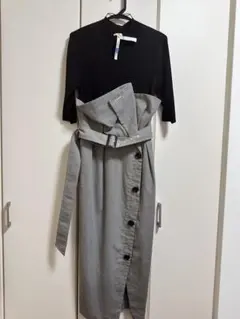 FRAY I.D ウエストベルト付き黒・グレーひざ丈ワンピース