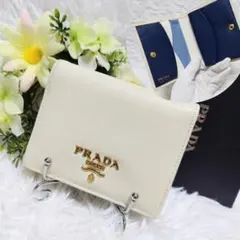 レア美品✨プラダ◇RFIDマルチカラー二つ折り財布　ゴールド金具ホワイトネイビー