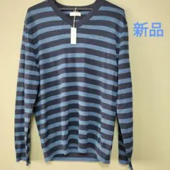 GAP Vネックセーター メンズ(Ｌサイズ) ネイビー ボーダー