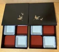 越前塗 松花堂弁当箱 ２客セット／木製漆器／陶器皿＋木製漆器皿／25.5cm角