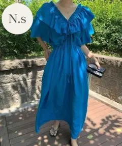 新品 N.s ネックフリルロングワンピース ブルー フリーサイズ リゾート 夏のサムネイル
