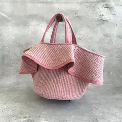 フレアフリル付き丸底マルシェバッグ　ヌビバッグ　ピンク　ハンドメイド