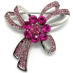 リボンモチーフ ラインストーン ブローチ ピンク ヴィンテージ風 アンティーク調