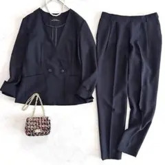 美品 グリーンレーベルリラクシング ノーカラーセットアップ 38 ネイビー 紺