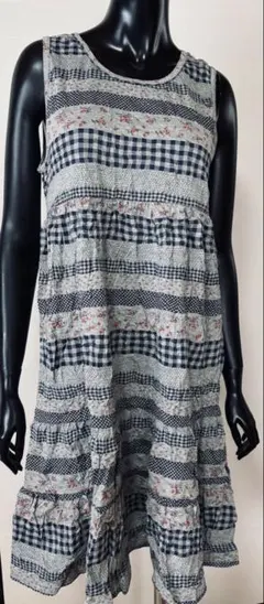 売尽くし【小花柄/L】夏ワンピース　ブルー系　らくちんルームウェア　部屋着