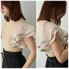 23SS！FRAY I.Dニットップスフレアスリーブ異素材ドッキングプルオーバー