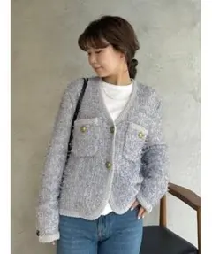 【試着のみ】ミラオーウェン　ニットツイードショートジャケット Mila Owen - ミラオーウェン ニットツイードショートジャケット