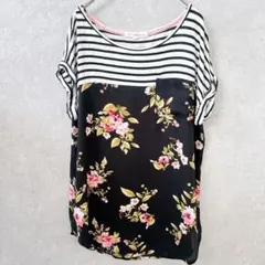 リワインド 切り替えカットソー 【M】 ボーダー 花柄 ポケット付