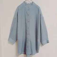 グラシア バンドカラーシャツ ブラウス ブルー系 透け感 ゆったり L