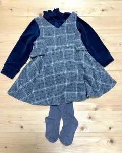 子供用ワンピース＋ベロア長袖トップス＋グレータイツの3点セット