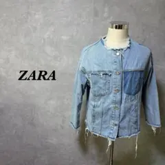 ZARA ザラ デニムジャケット ノーカラー ダメージ加工 切りっぱなし M