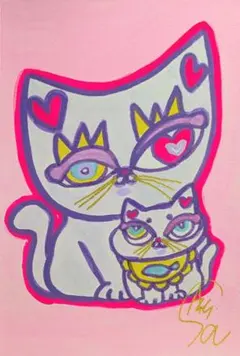 ぽっちゃり白猫さん】ハガキサイズ 額無し 絵画 イラスト 猫の絵 猫