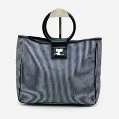 Courregesクレージュヒッコリーハンドバッグストライプキャンバス美品紺黒大のサムネイル