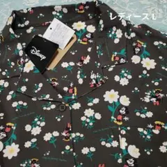 新品 レディースL ミッキー&ミニー 花柄 半袖アロハシャツ チャコールグレー