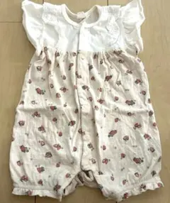 いちご柄　コットン　ロンパース　70 ベージュ　春　夏　半袖