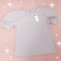 ☆allamandaアラマンダ☆ビジュー＆チュールフラワー付きリブカットソー新品のサムネイル