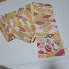半幅帯【長尺正絹】 猫と花刺繍&葉柄総絞りの長尺半幅帯/半襟つき