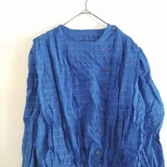 チェック柄 長袖トップス ブルー レディース ボタン フリル 青 古着カジュアル