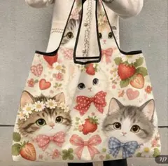 猫柄 ショッピングバッグ エコバッグ 56×45cm 猫柄いちご