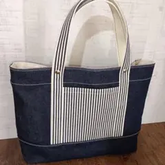 66 ハンドメイド デニムトートバッグ ブルーデニム＆ヒッコリー