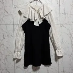 GRL グレイル フリル付き 白黒 切替トップス ミニワンピース リボン付き