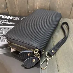 E13■イタリアンレザー 本革 ダブルラウンドファスナー 財布■カーボンブラック